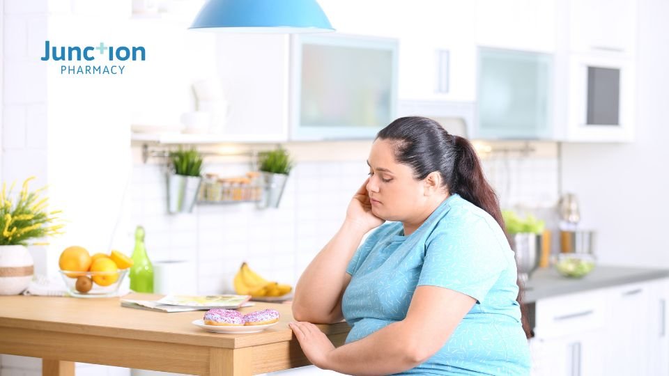 Sad overweight woman sat at dining table