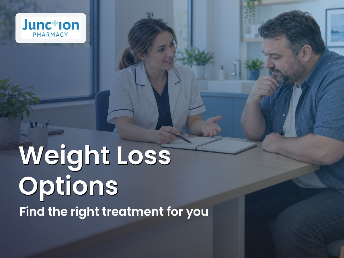 A pharmacist and adult patient discussing weight loss treatment options, with Junction Pharmacy branding