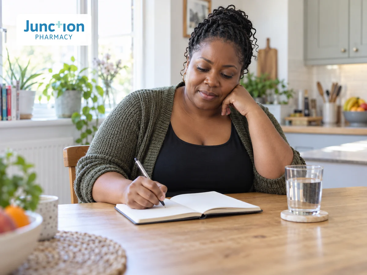 A woman noting questions about treatment options at her kitchen table