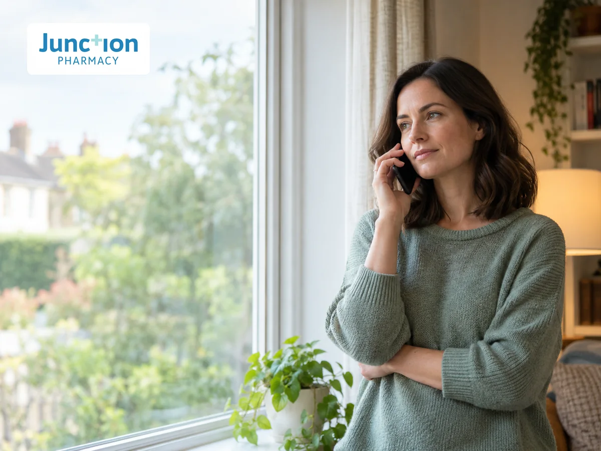 A woman having a private telephone conversation beside a window