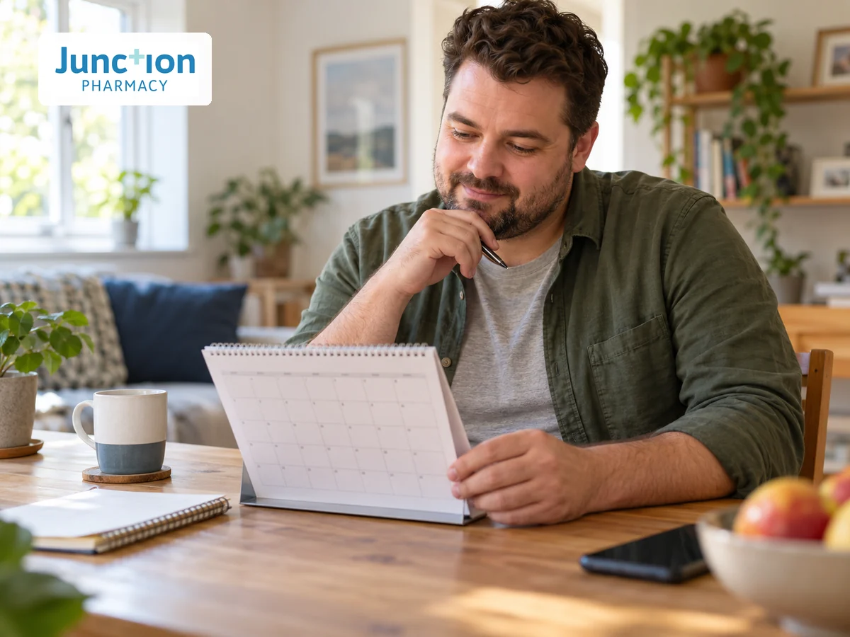 Man smiling gently while reviewing a calendar at home