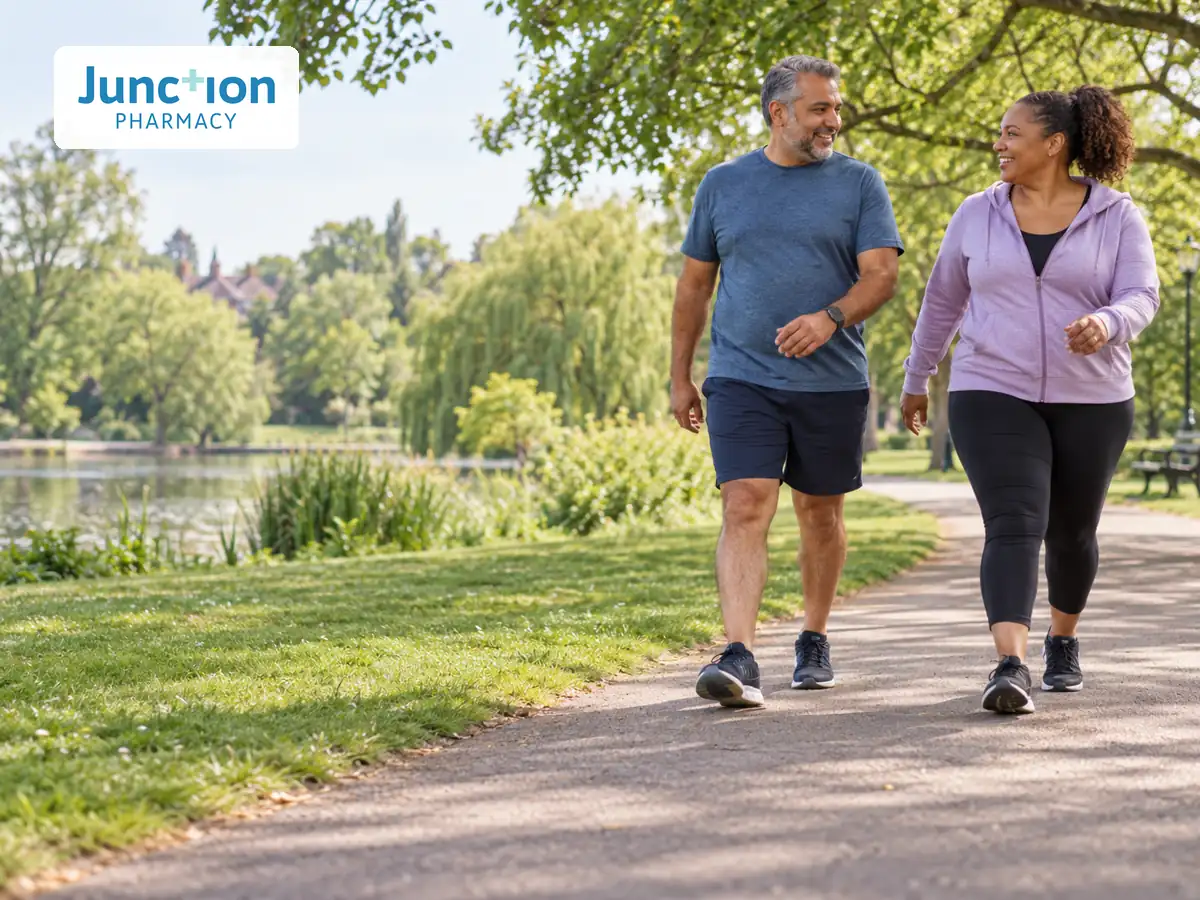 Two middle-aged adults walking along a leafy park path