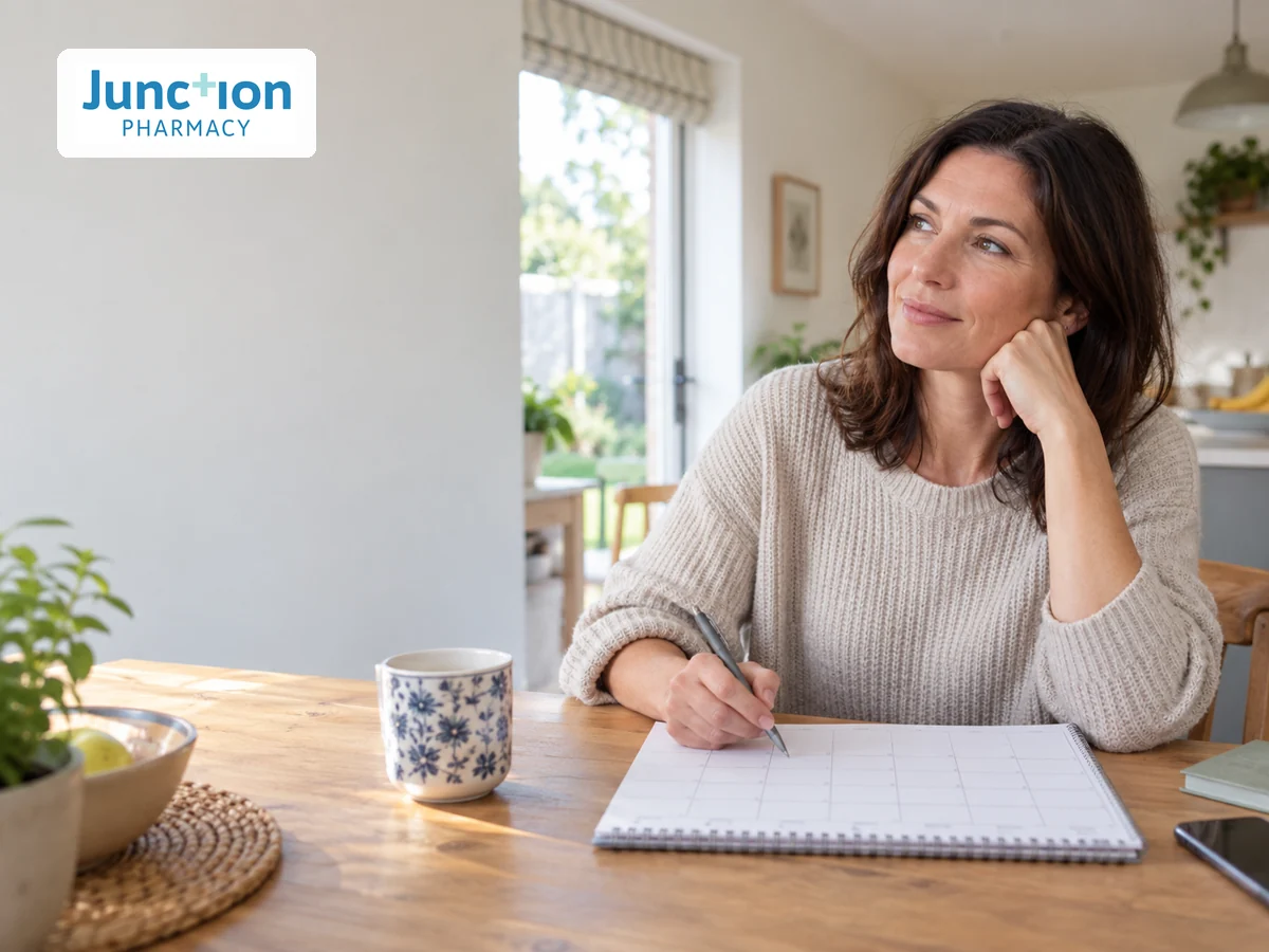 A woman checking a blank calendar at her kitchen table
