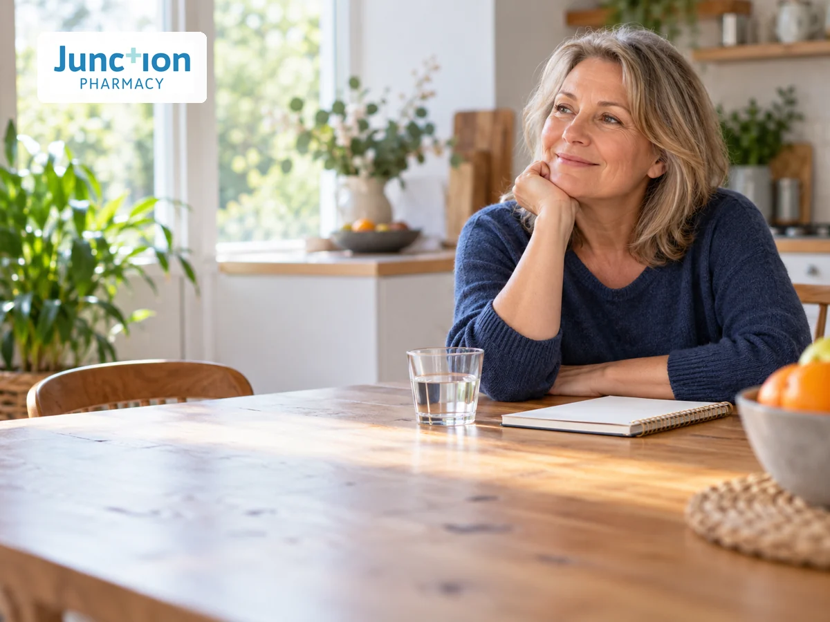 A woman sitting at a breakfast table with a glass of water