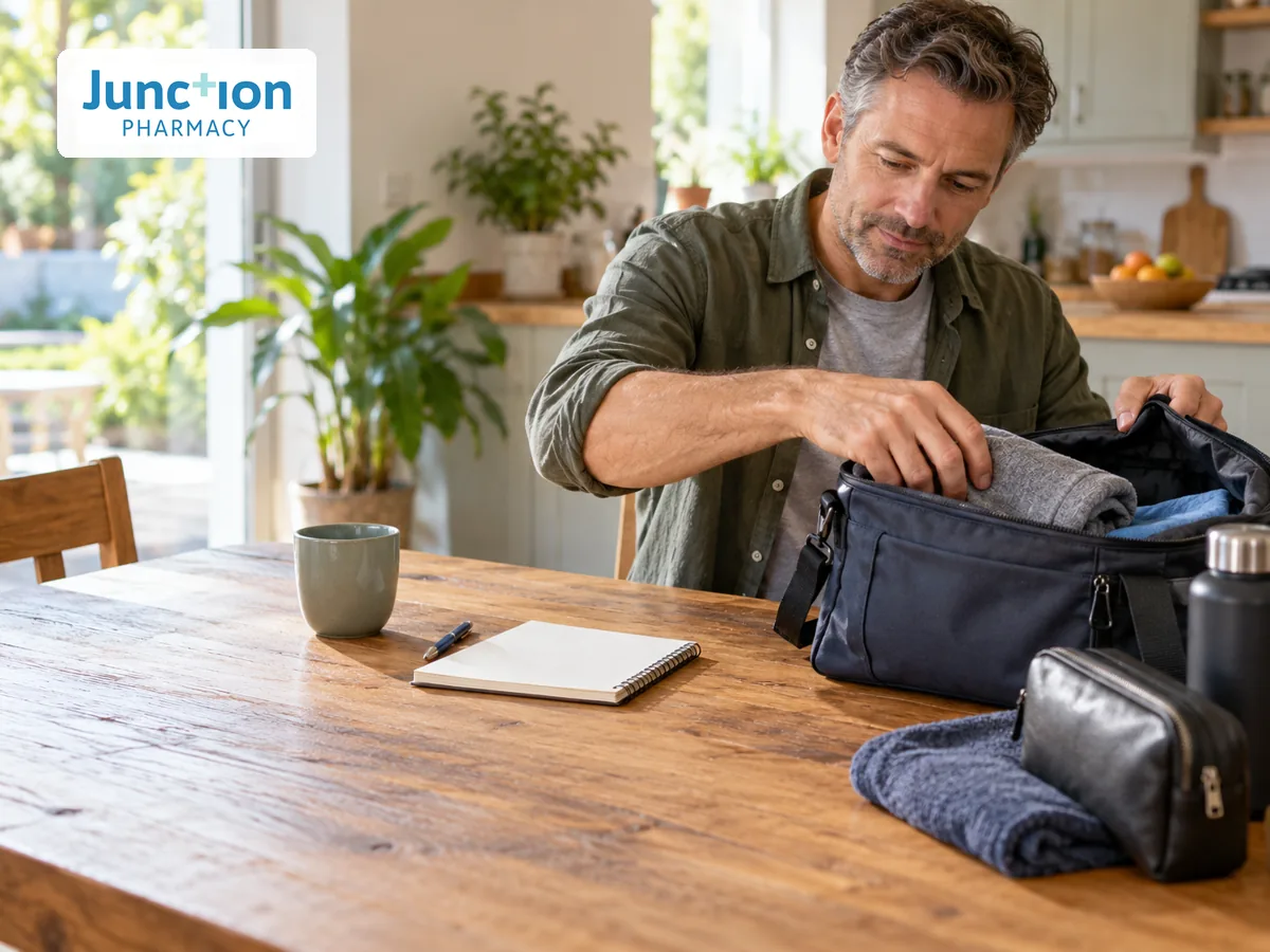 A man organising a small travel bag and notebook
