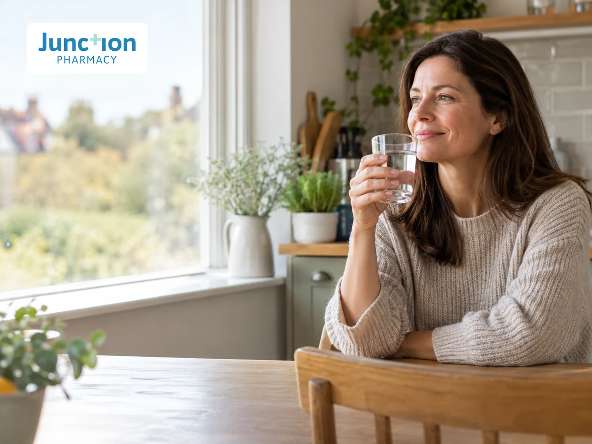 A woman holding a glass of water at home