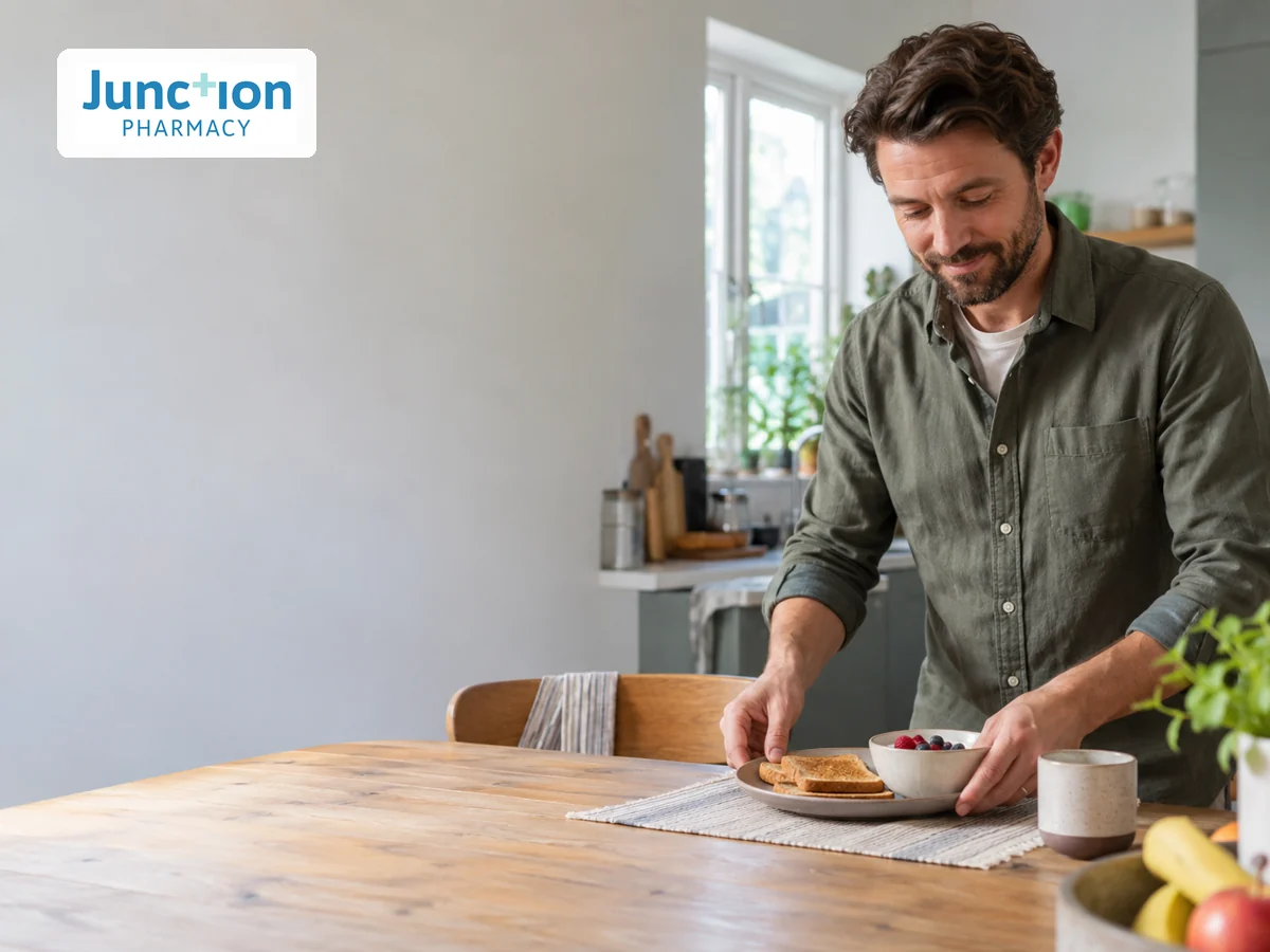 A man preparing a small breakfast at a kitchen table
