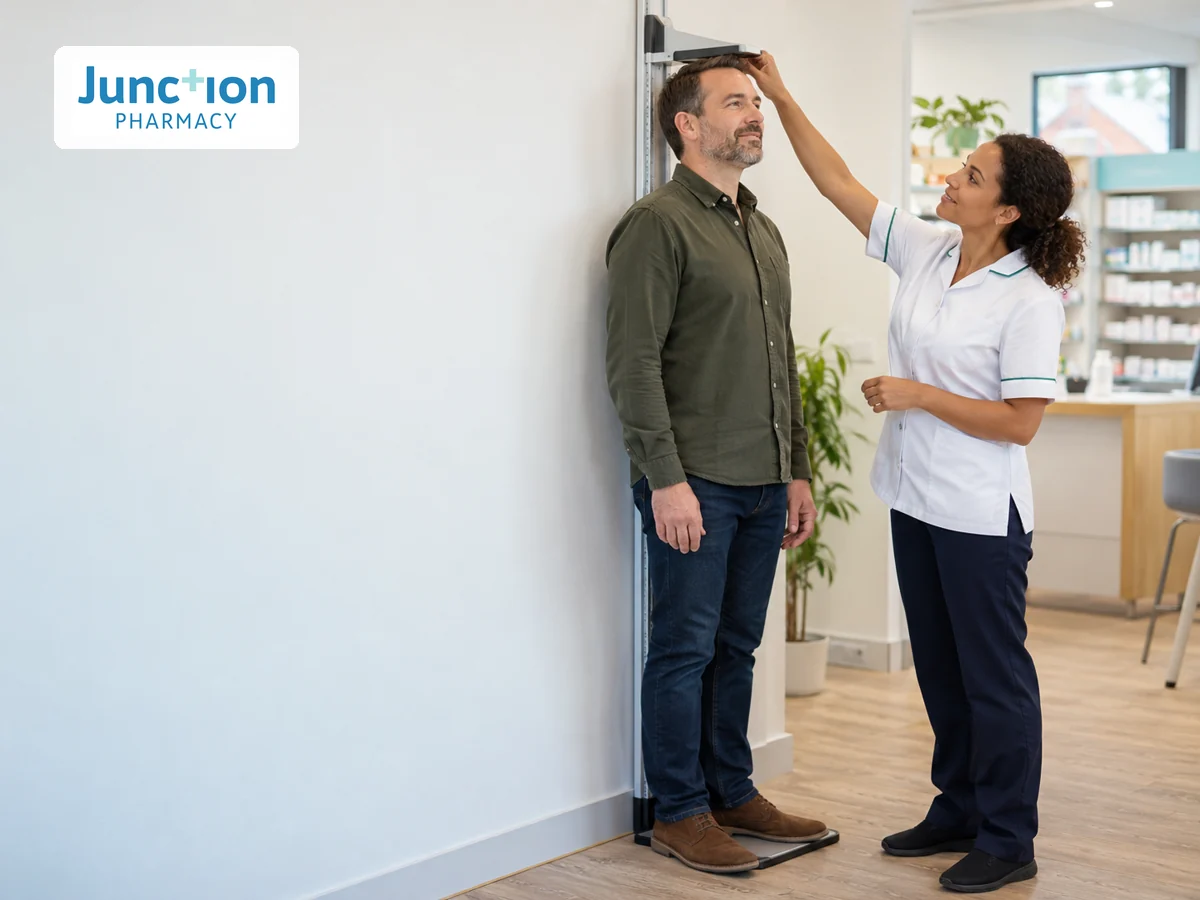A man standing beside a healthcare professional during an assessment